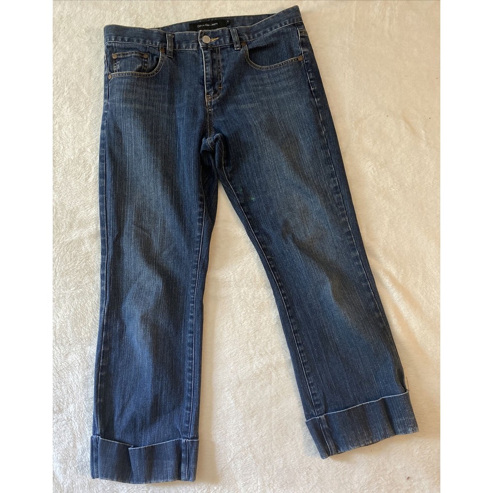 Calvin Klein Capri Crop Wide Cuff Jeans 8 Dark Wash Mid-Rise Denim 33" Waist